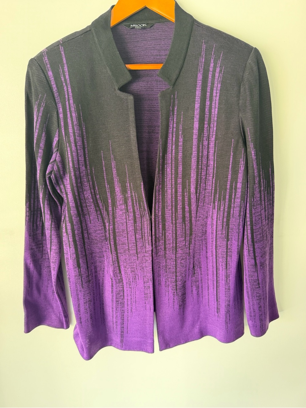 Misook Knit Open Front Jacket Black Purple Ombre Blazer Women's Size M Classic
